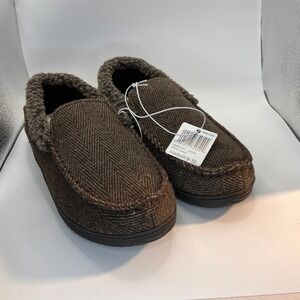 Dearfoams Mens Coffee Herringbone Moccasin Slippers Size Medium 9-10 NEW w/o Box